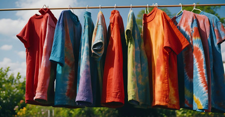 Colorful T-shirts hanging on a clothesline in the gardenの素材
