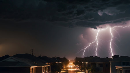 Lightning strikes the roof of a house in the city at nightの素材
