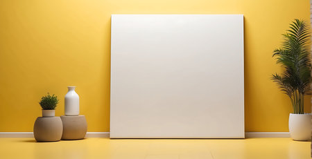 3d rendering of blank white poster on yellow wall in a roomの素材