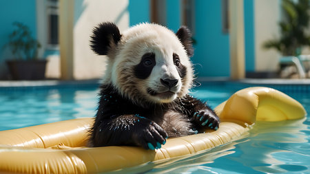 Giant panda swimming in the pool with inflatable ring.の素材