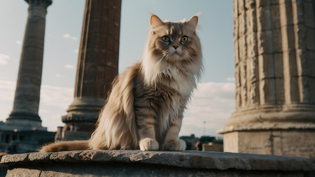 Persian cat sitting on the ancient column in Rome, Italy.の素材