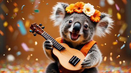Cute koala with ukulele and flowers in her hairの素材