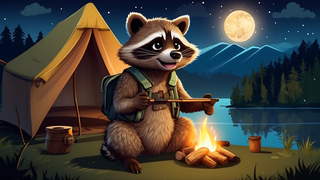 Illustration of a raccoon with a gun near the campfireの素材