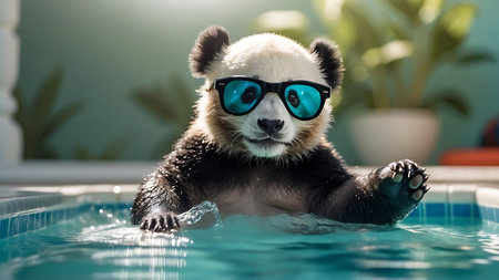 Cute panda swimming in a swimming pool wearing sunglasses. Funny animal.の素材