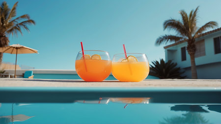 Two orange cocktails on swimming pool with palm trees and blue sky backgroundの素材