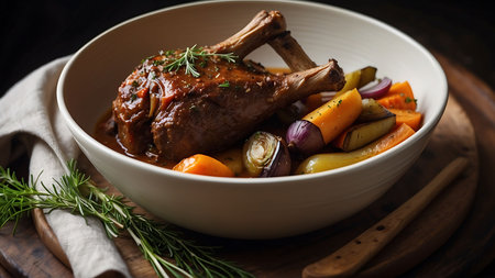 Roasted lamb leg with vegetables in a bowl on a wooden tableの素材