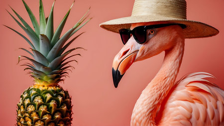 Flamingo wearing summer hat and sunglasses with pineapple on red backgroundの素材