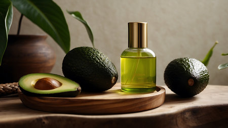 Avocado oil in glass bottle on wooden table with avocado and tropical leaves.の素材