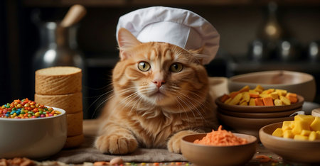 Cute ginger cat in chef's hat on kitchen table with different foodの素材
