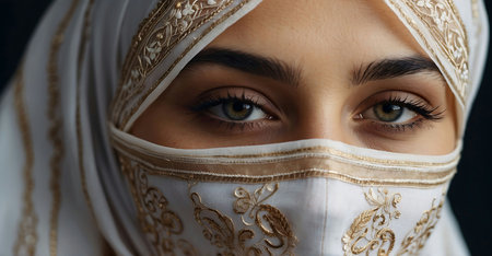 Portrait of young beautiful muslim woman with green eyes and white veilの素材