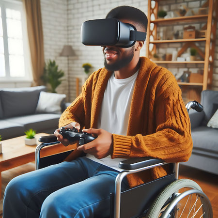 Young african american man in a wheelchair playing video games with virtual reality goggles.の素材
