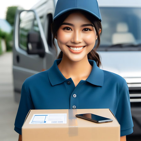 smiling delivery woman in uniform with parcel box and mobile phone at warehouseの素材