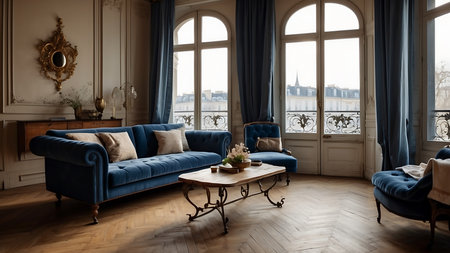 Luxury living room interior with blue sofa, coffee table and windowの素材