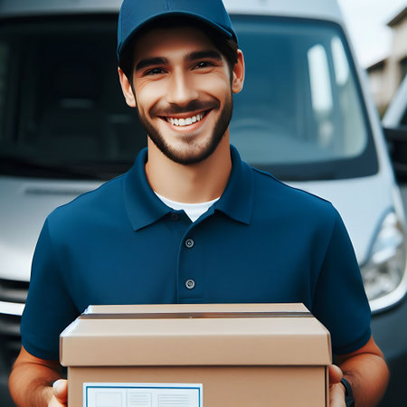 delivery man in blue uniform holding parcel box and smiling at cameraの素材