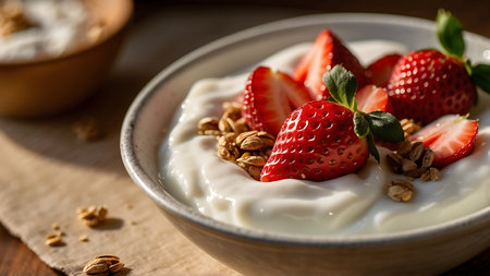 Yogurt with granola and strawberries in a bowl on wooden backgroundの素材