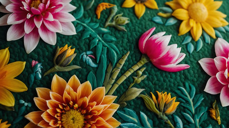 Colorful flower pattern on fabric. Close up of colorful flowers.の素材