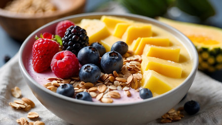 Healthy breakfast bowl with oatmeal, fresh berries and mango.の素材