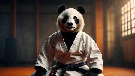 A panda in a kimono is sitting on the floor.の素材