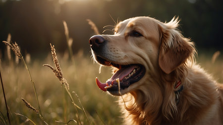 Golden Retriever dog in the meadow at sunset in summerの素材