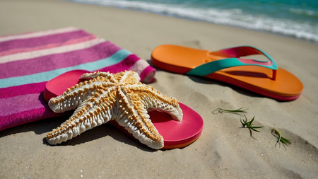 Flip-flops and starfish on the sandy beach.の素材