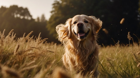 Golden Retriever running in the field at sunset in summer.の素材
