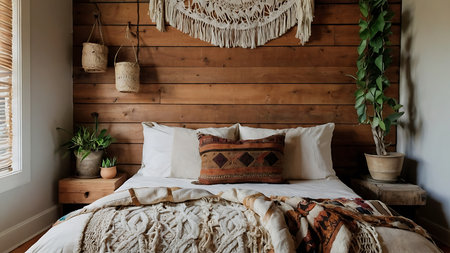 Interior of a rustic bedroom with white bed and pillowsの素材