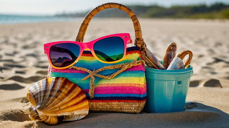 Beach accessories on the sand. Sunglasses, beach bag, flip flops and seashells.の素材