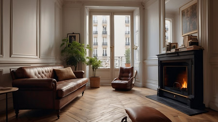 Classic living room interior with fireplace, leather sofa and armchairs.の素材