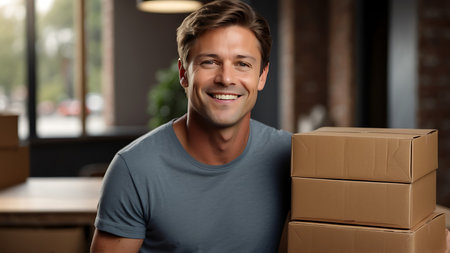 Portrait of a smiling young man carrying boxes in a new homeの素材