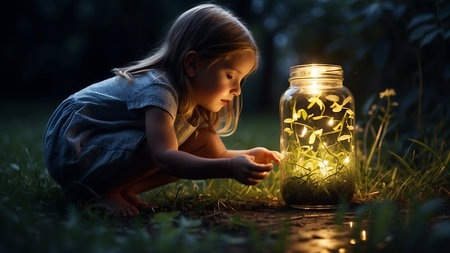 Cute little girl sitting on the ground and looking in a glass jar with a garlandの素材