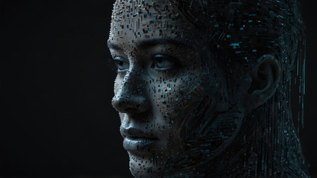 Cyborg woman face with binary code. Artificial intelligence concept. 3D Renderingの素材