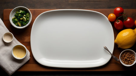 Empty white plate with vegetables and sauce on wooden table. Top viewの素材