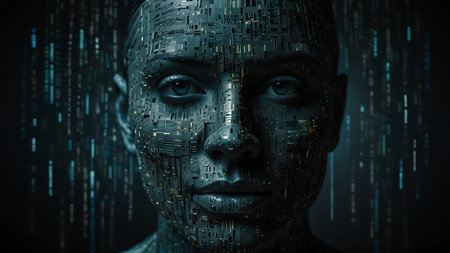 Cyborg face made of binary code, artificial intelligence concept. 3D renderingの素材