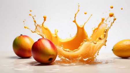 Mango and mango splashing into a glass of milk, isolated on white backgroundの素材