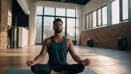 Young man practicing yoga in a gym. Young man meditating.の素材