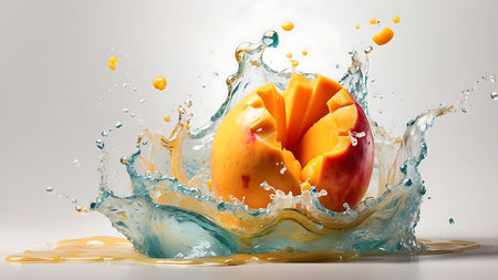 Mango fruit in water splash on white background. 3d renderingの素材