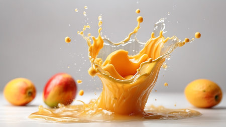 Splash of orange juice with fruits on grey background, closeupの素材
