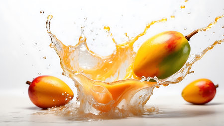 Mango fruit splashing into water on white background, closeupの素材