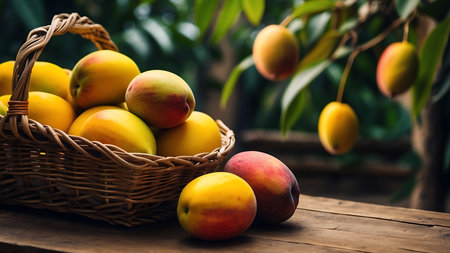 Ripe peaches in a wicker basket on a wooden tableの素材