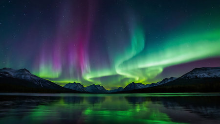 Aurora borealis, northern lights over mountain lake, Norwayの素材