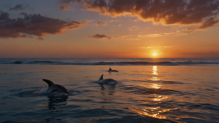 Dolphins swimming in the ocean at sunset with a beautiful sky.の素材