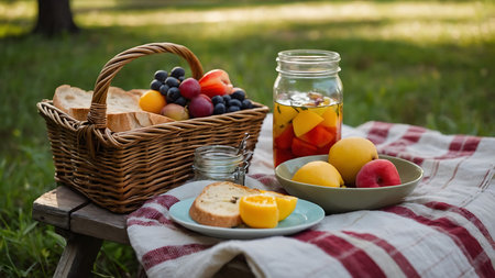 Picnic in the park on a sunny day. Picnic basket with fruits and berries.の素材