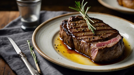 Beef Steak with Rosemary on a rustic wooden tableの素材