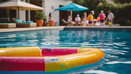 Colorful inflatable ring floating in swimming pool with family on backgroundの素材