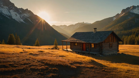 Wooden house in the mountains at sunset. Landscape with mountains.の素材