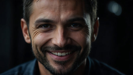Close up portrait of a handsome young man with beard smiling at cameraの素材