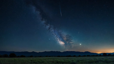 Milky Way in the night sky over a field with mountains in the backgroundの素材