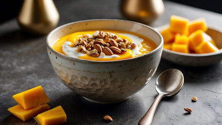 Pumpkin smoothie bowl with granola and nuts on grey backgroundの素材