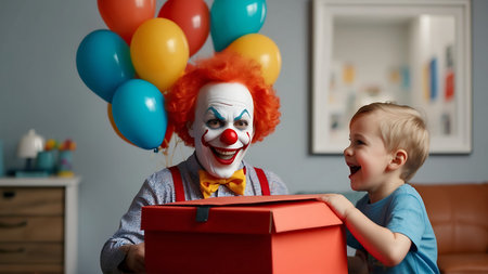 Little boy and clown with balloons and gift box at birthday party.の素材