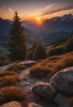 Sunset in the mountains. Sunrise in the mountains. Mountain landscapeの素材